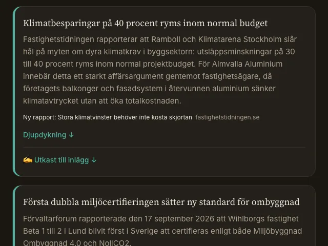 Ett kort i en färdig brief, med utgivare, datum och länk
