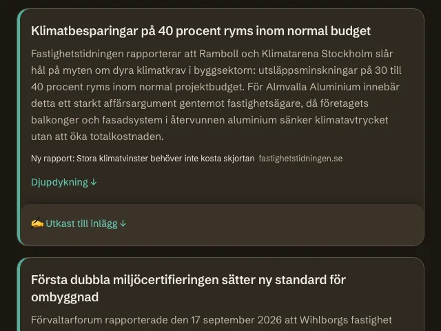 Ett kort i en färdig brief, med utgivare, datum och länk