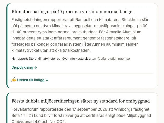 Ett kort i en färdig brief, med utgivare, datum och länk