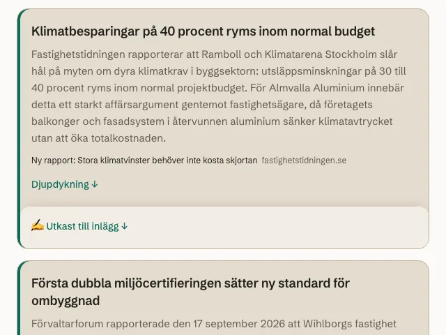 Ett kort i en färdig brief, med utgivare, datum och länk