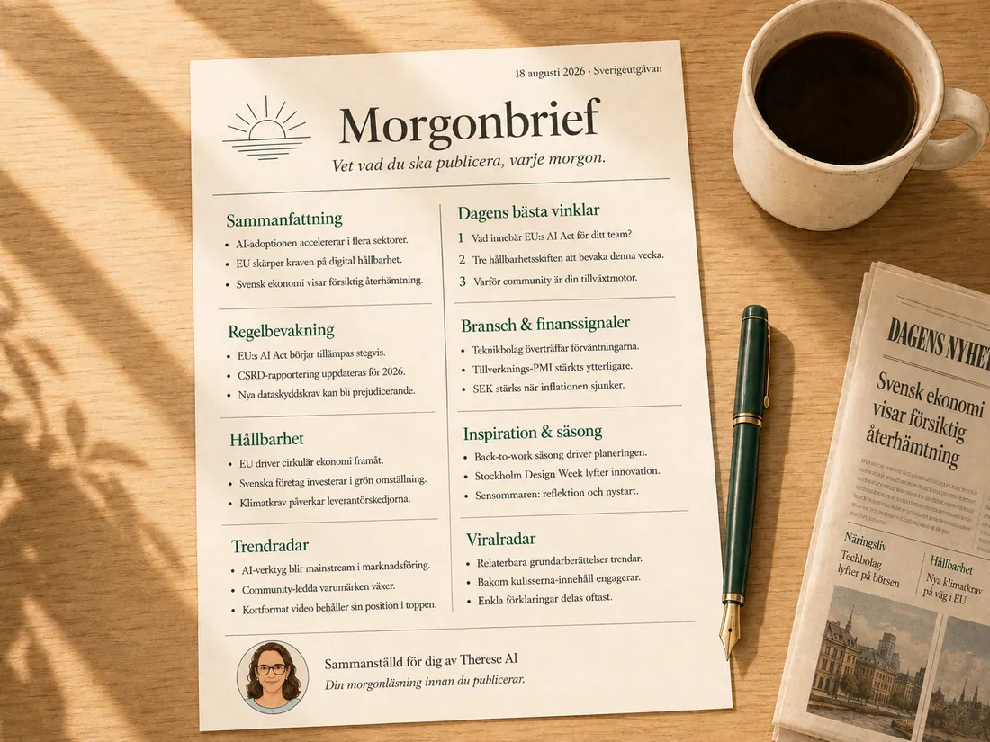En exempelbrief från Therese AI på ett skrivbord bredvid en kaffekopp och en tidning
