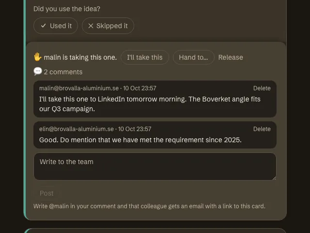 A brief card showing who has taken the angle and the comment thread under it