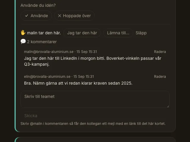 Ett kort som någon i teamet har tagit, med tråden under