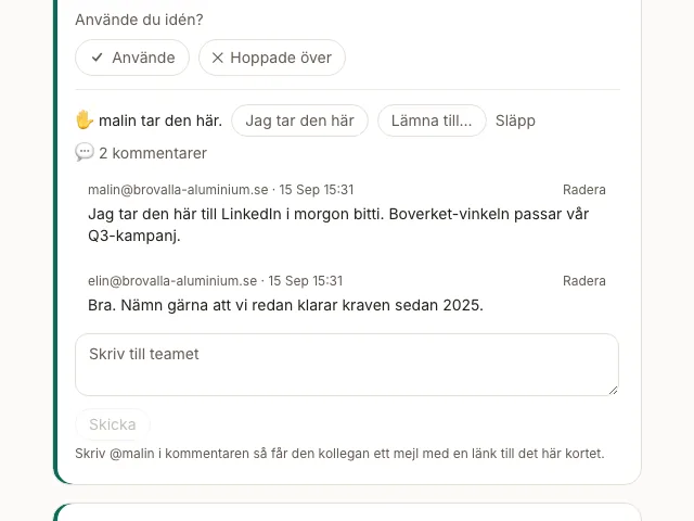 Ett kort som någon i teamet har tagit, med tråden under