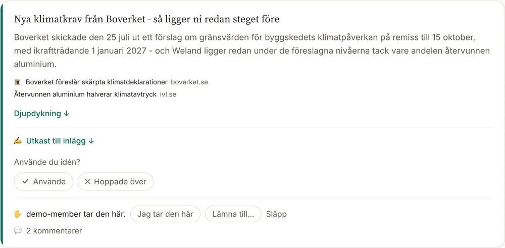 Ett kort i briefen som visar vem som tagit uppslaget och kommentarstråden under det