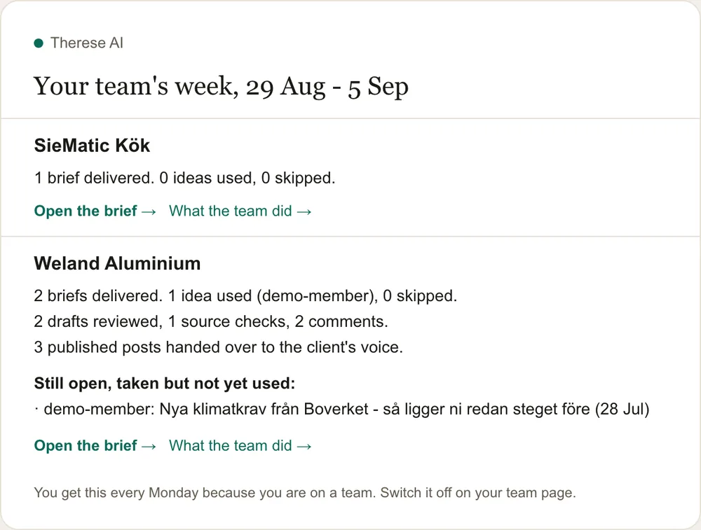 The Monday email with last weeks activity per client