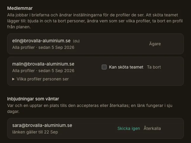 Teamsidan: varje skribent med egen inloggning och egen lista över profiler