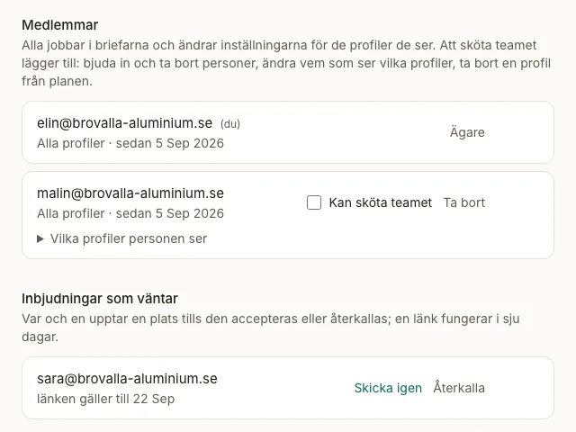 Teamsidan: varje skribent med egen inloggning och egen lista över profiler