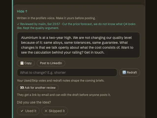 A draft with a reviewed badge and the note the reviewer left