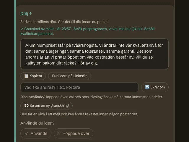 Ett utkast som är markerat som granskat, med kollegans notering under