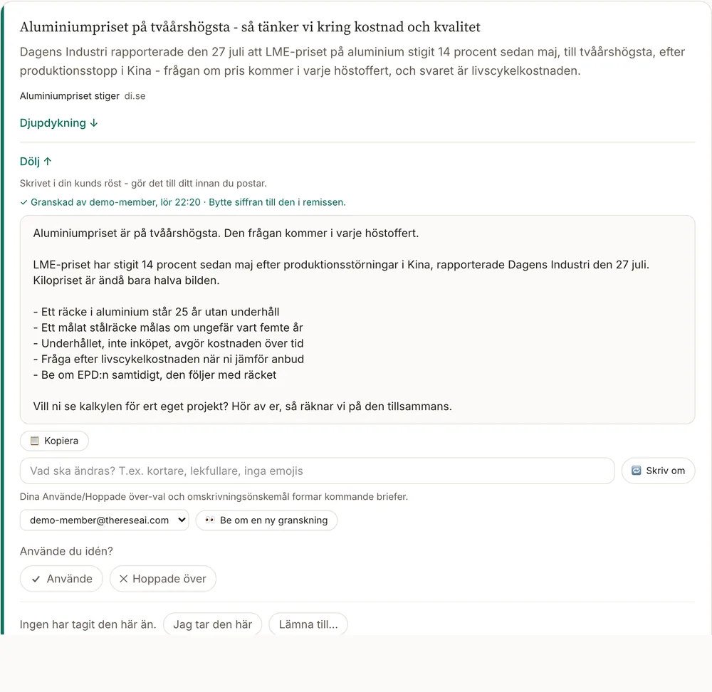Ett utkast med granskad-märkning och noteringen granskaren lämnade