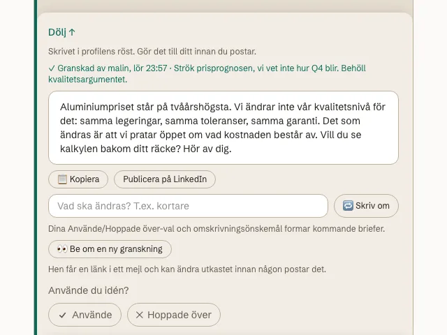 Ett utkast som är markerat som granskat, med kollegans notering under