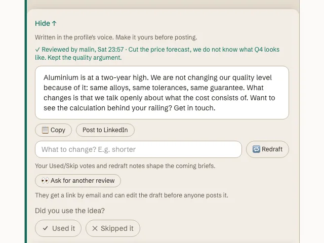 A draft with a reviewed badge and the note the reviewer left