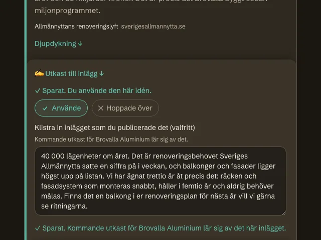 Ett använt kort där det publicerade inlägget är inklistrat, med raden om att kommande utkast lär sig av det