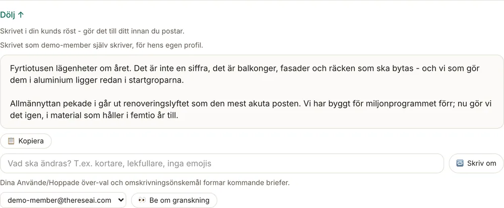Samma uppslag skrivet två gånger: för företagssidan och i en persons egen röst
