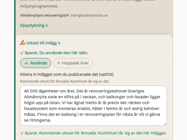 Ett använt kort där det publicerade inlägget är inklistrat, med raden om att kommande utkast lär sig av det