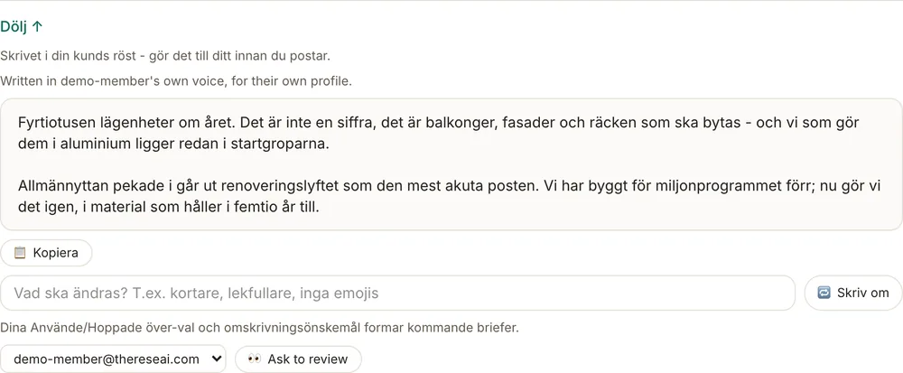 The same angle drafted twice: for the company page and in one persons own voice