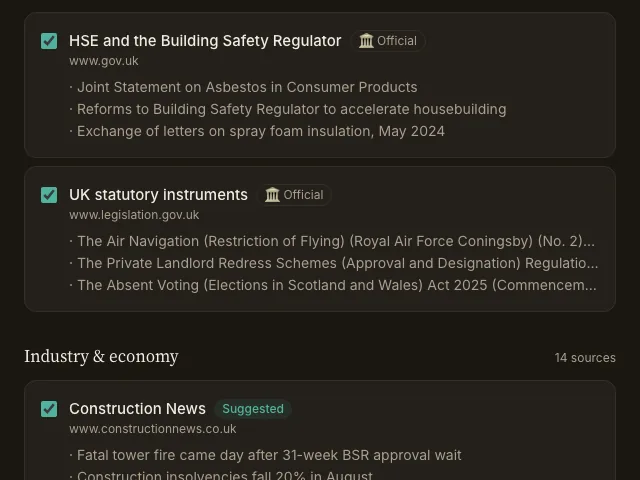 Proposed sources, each with the headlines it published today underneath it