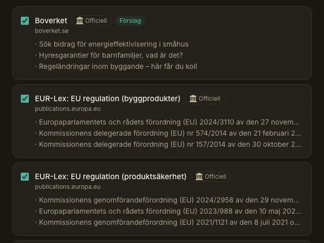 Föreslagna källor, var och en med de rubriker den publicerat i dag under sig