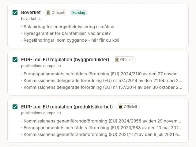 Föreslagna källor, var och en med de rubriker den publicerat i dag under sig