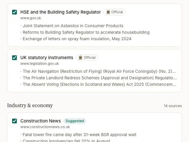 Proposed sources, each with the headlines it published today underneath it